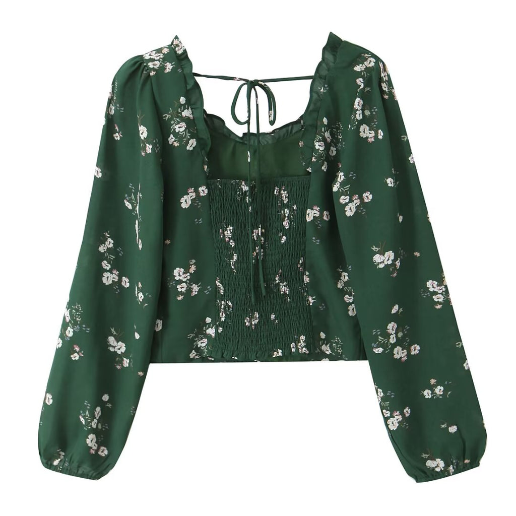 Women's French Vintage Small Floral Heart Shaped Collar Wood Ear Lace Up Slim Fit Long Sleeve Shirt Autumn Slim Fit Crop Top Women