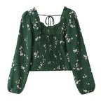 Women's French Vintage Small Floral Heart Shaped Collar Wood Ear Lace Up Slim Fit Long Sleeve Shirt Autumn Slim Fit Crop Top Women