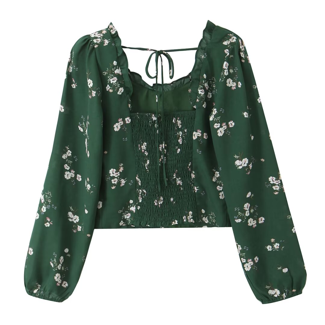 Women's French Vintage Small Floral Heart Shaped Collar Wood Ear Lace Up Slim Fit Long Sleeve Shirt Autumn Slim Fit Crop Top Women