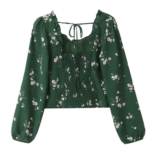 Women's French Vintage Small Floral Heart Shaped Collar Wood Ear Lace Up Slim Fit Long Sleeve Shirt Autumn Slim Fit Crop Top Women