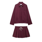 Women's Winter Casual Zipper Pocket Jacket and Skirt Two-Piece Set