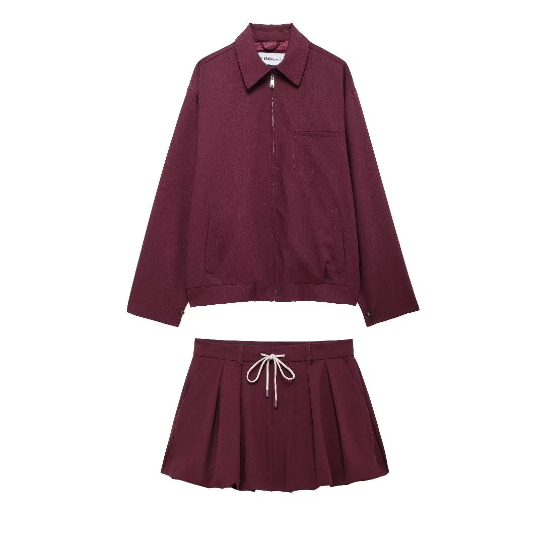 Women's Winter Casual Zipper Pocket Jacket and Skirt Two-Piece Set