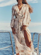 Women's Floral Cutout Ruffled Long Sleeve Maxi Dress