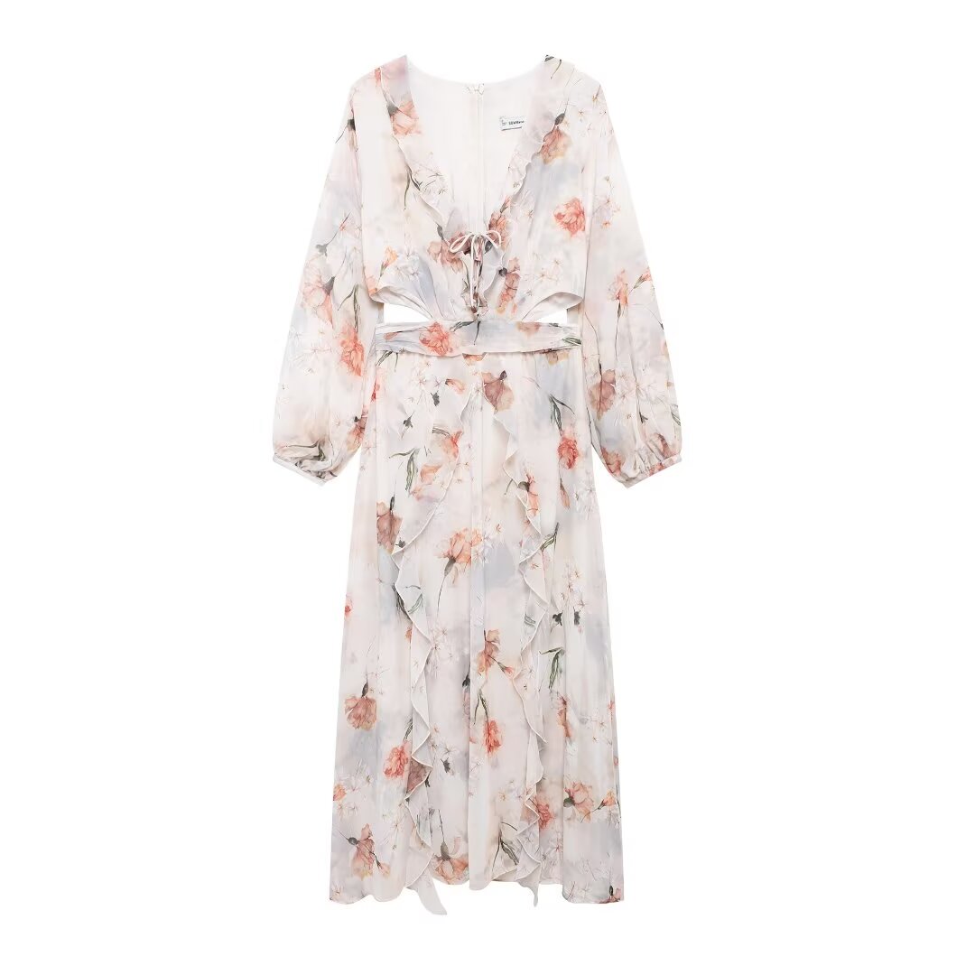 Women's Floral Cutout Ruffled Long Sleeve Maxi Dress