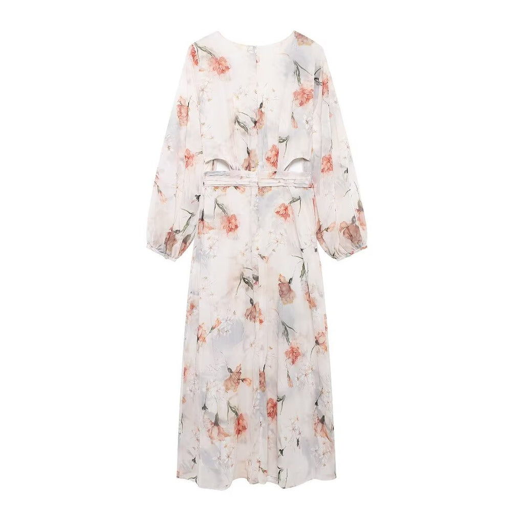 Women's Floral Cutout Ruffled Long Sleeve Maxi Dress