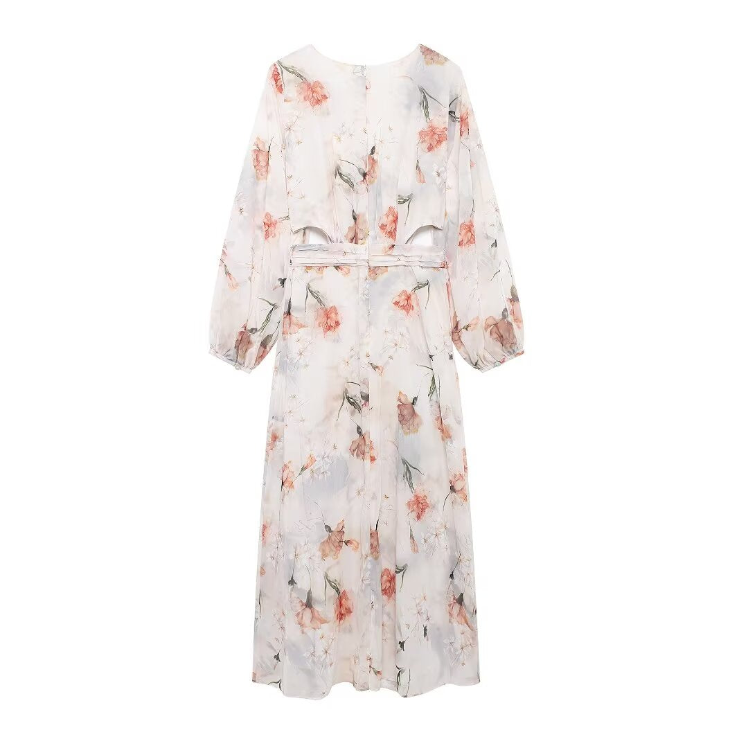 Women's Floral Cutout Ruffled Long Sleeve Maxi Dress