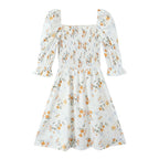Summer French Printed Pleated Puff Sleeve Dress