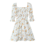 Summer French Printed Pleated Puff Sleeve Dress