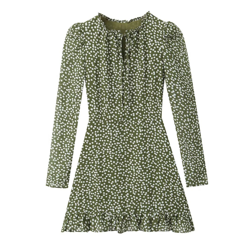 Polka-Dot Print Lace-Up Wooden Ear Collar Ruffled Long-Sleeve Dress