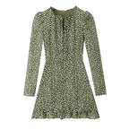 Polka-Dot Print Lace-Up Wooden Ear Collar Ruffled Long-Sleeve Dress