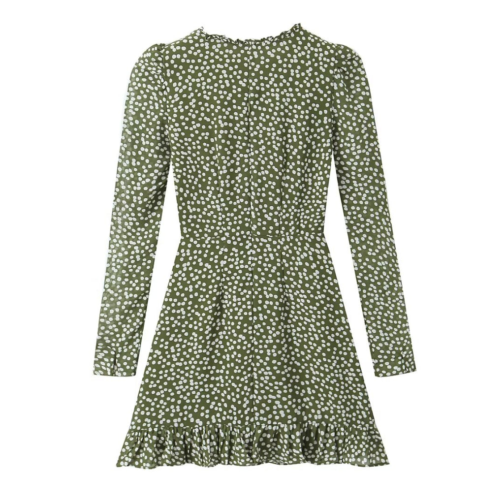 Polka-Dot Print Lace-Up Wooden Ear Collar Ruffled Long-Sleeve Dress