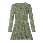 Polka-Dot Print Lace-Up Wooden Ear Collar Ruffled Long-Sleeve Dress
