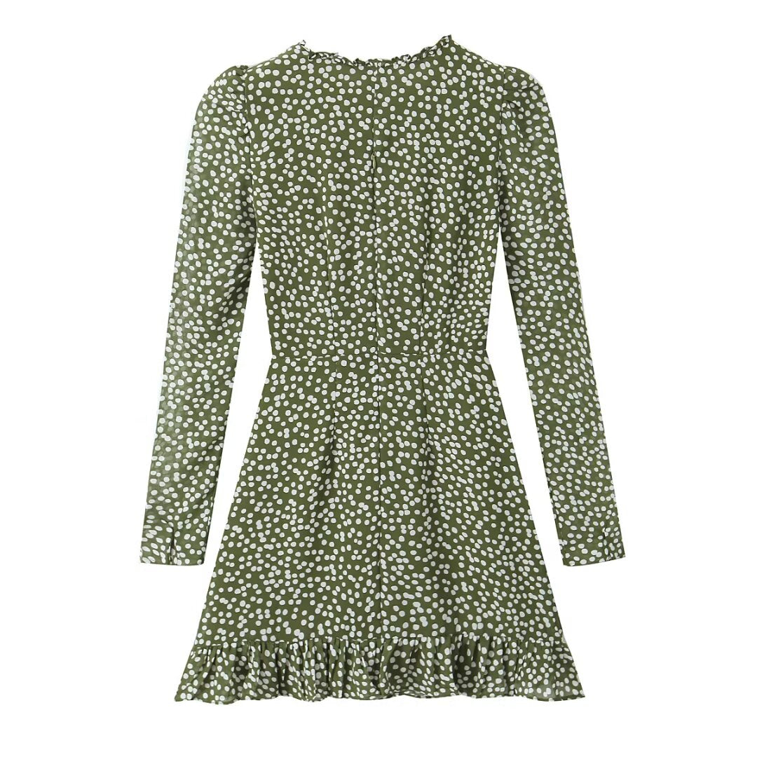 Polka-Dot Print Lace-Up Wooden Ear Collar Ruffled Long-Sleeve Dress