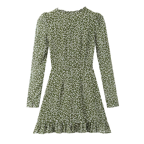 Autumn Women Clothing Polka Dot Print Lace up Wooden Ear Collar Ruffled Long Sleeve Dress