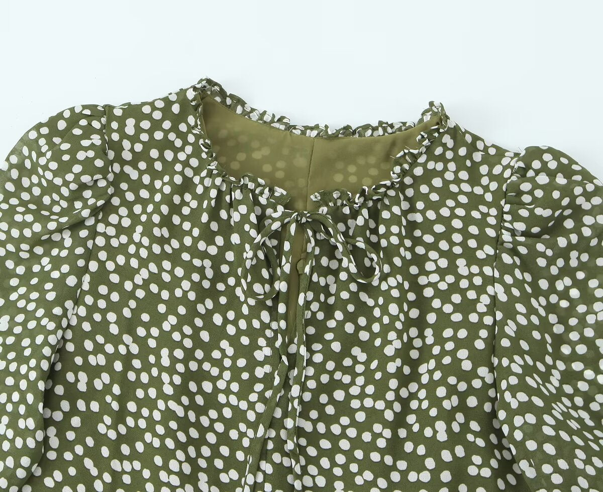 Polka-Dot Print Lace-Up Wooden Ear Collar Ruffled Long-Sleeve Dress