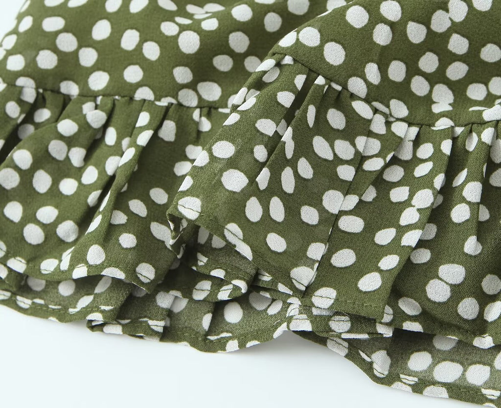 Polka-Dot Print Lace-Up Wooden Ear Collar Ruffled Long-Sleeve Dress