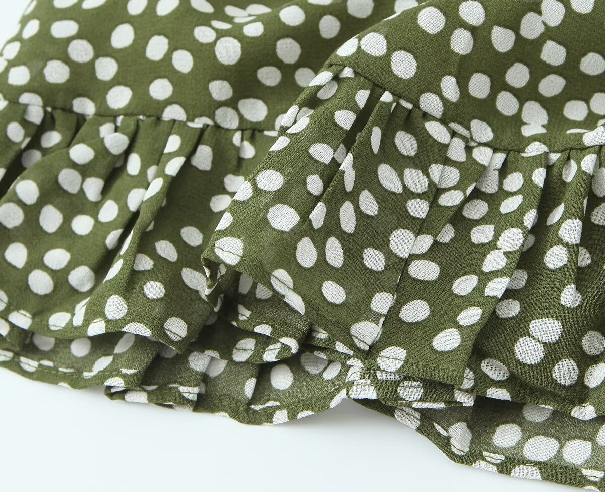 Polka-Dot Print Lace-Up Wooden Ear Collar Ruffled Long-Sleeve Dress
