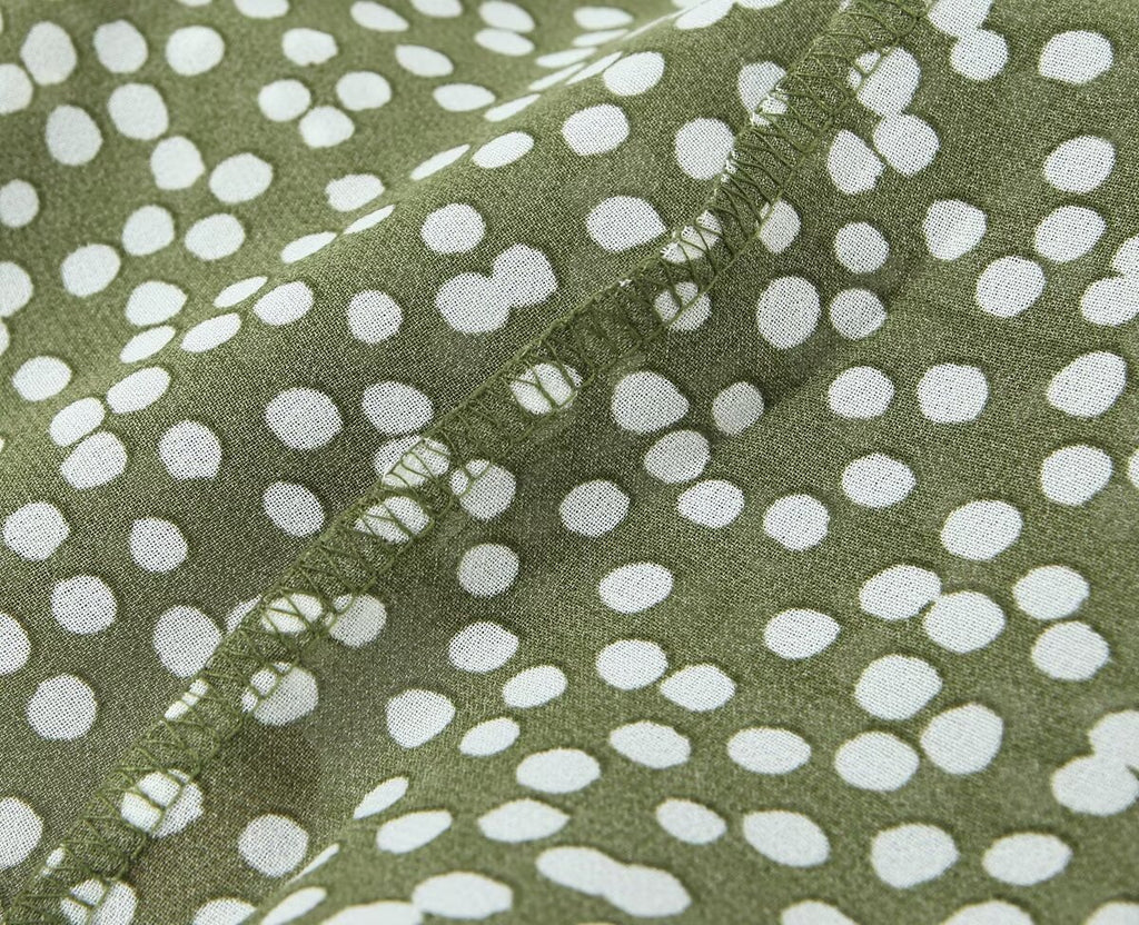 Polka-Dot Print Lace-Up Wooden Ear Collar Ruffled Long-Sleeve Dress