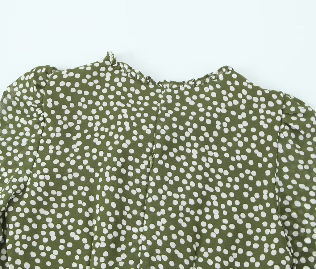 Polka-Dot Print Lace-Up Wooden Ear Collar Ruffled Long-Sleeve Dress