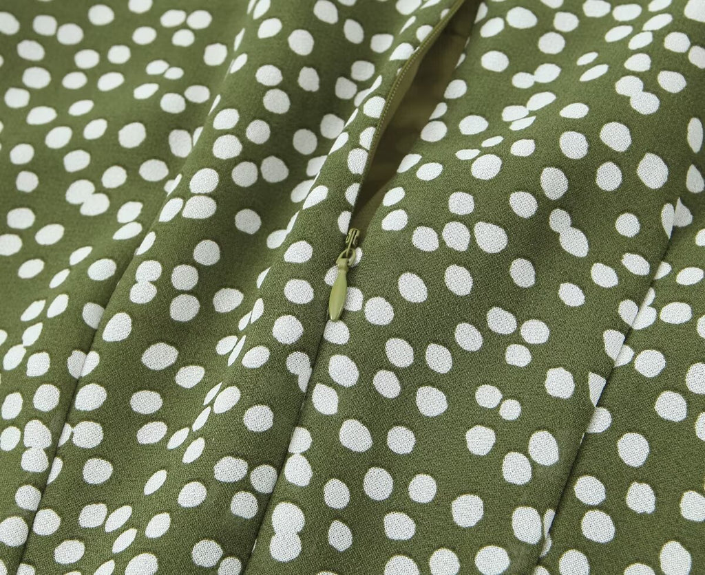 Polka-Dot Print Lace-Up Wooden Ear Collar Ruffled Long-Sleeve Dress