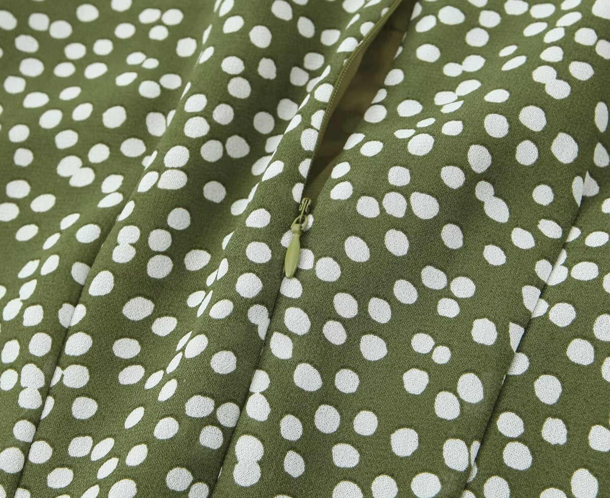 Polka-Dot Print Lace-Up Wooden Ear Collar Ruffled Long-Sleeve Dress