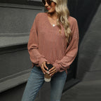 Solid V-Neck Loose Long Sleeve Top