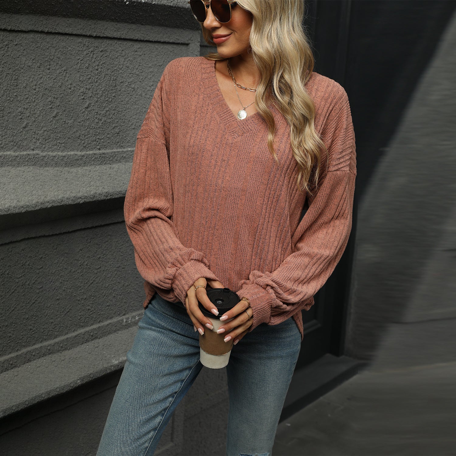 Solid V-Neck Loose Long Sleeve Top