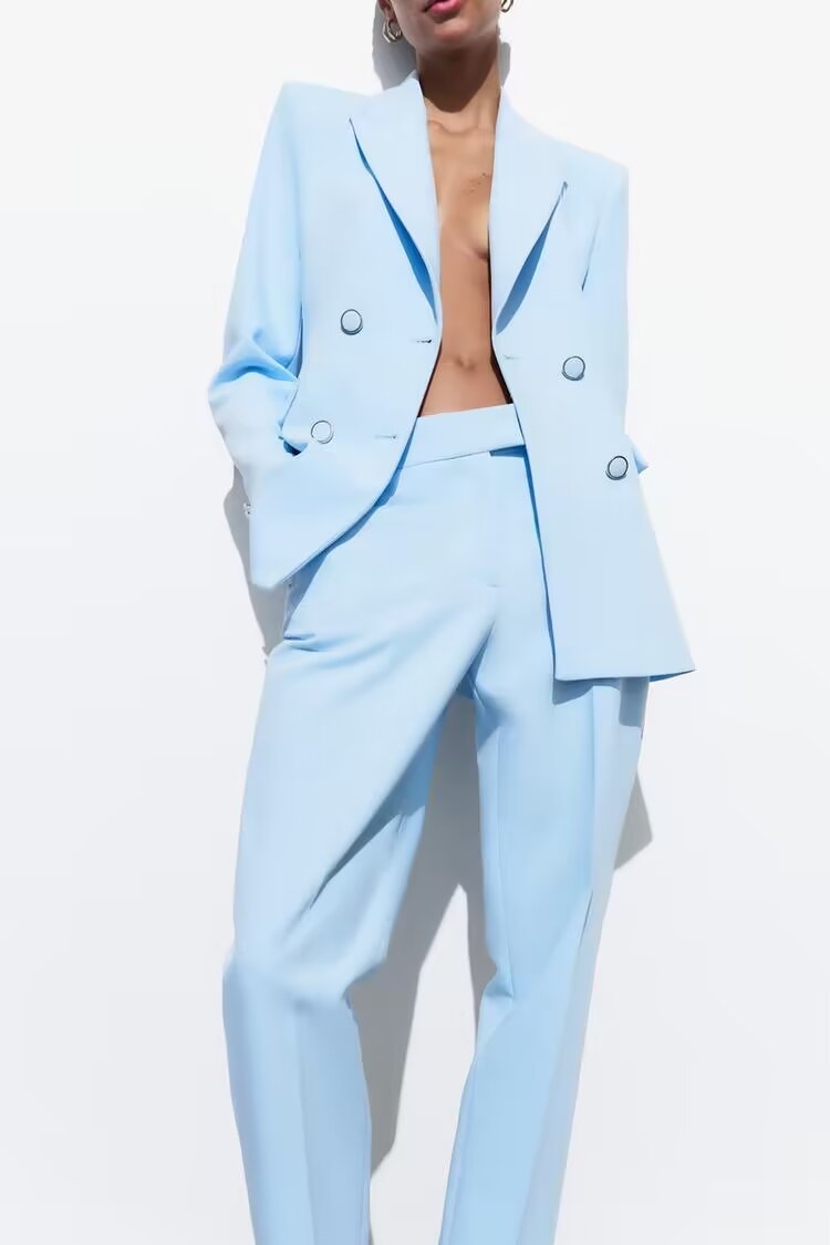 Wind Belt Padded Shoulder Blazer Casual Pants Set
