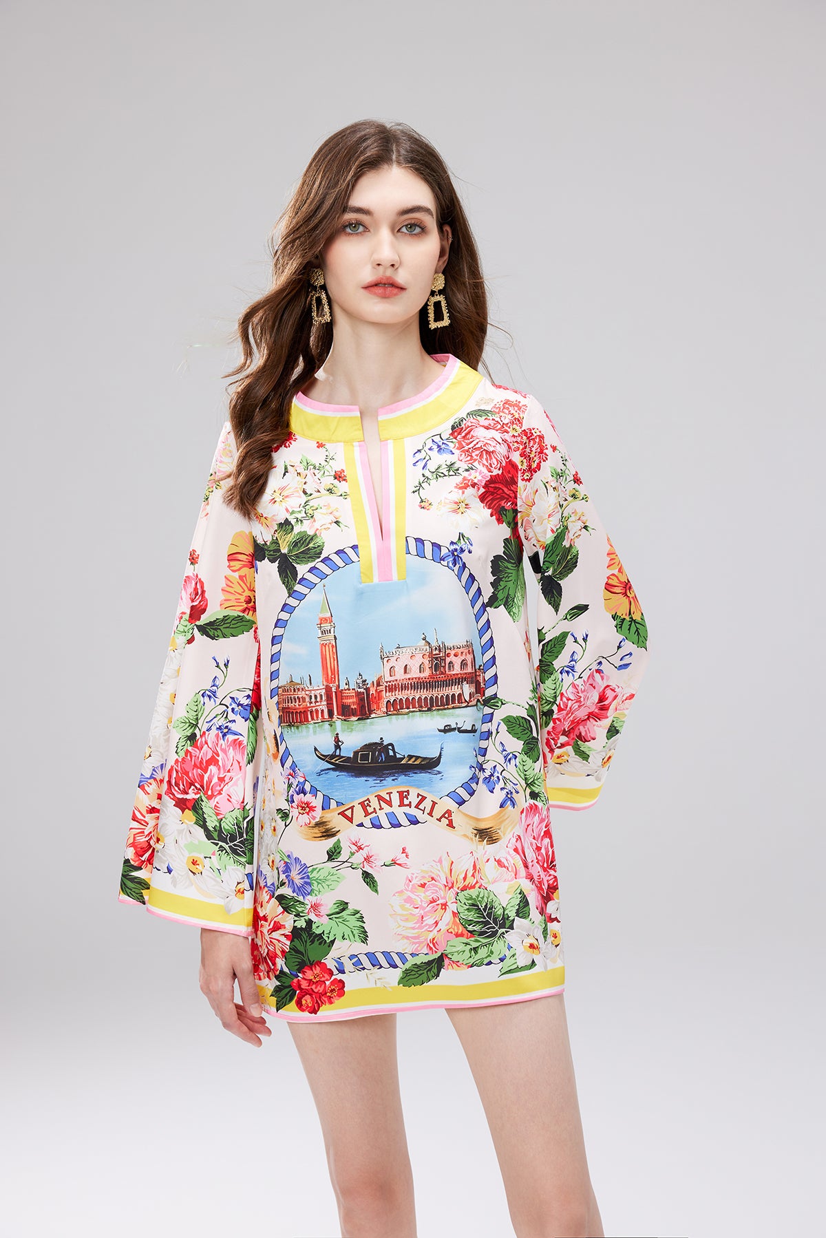 Women's 's Printed V-Neck Long-Sleeve Dress