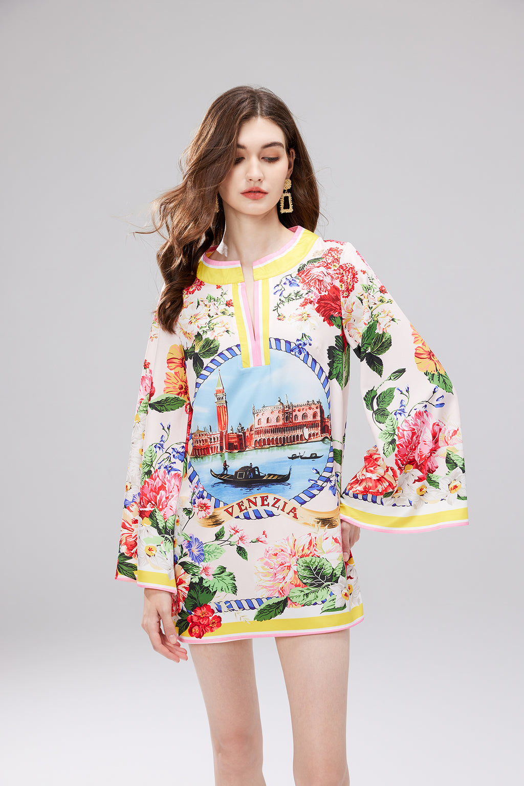 Women's 's Printed V-Neck Long-Sleeve Dress