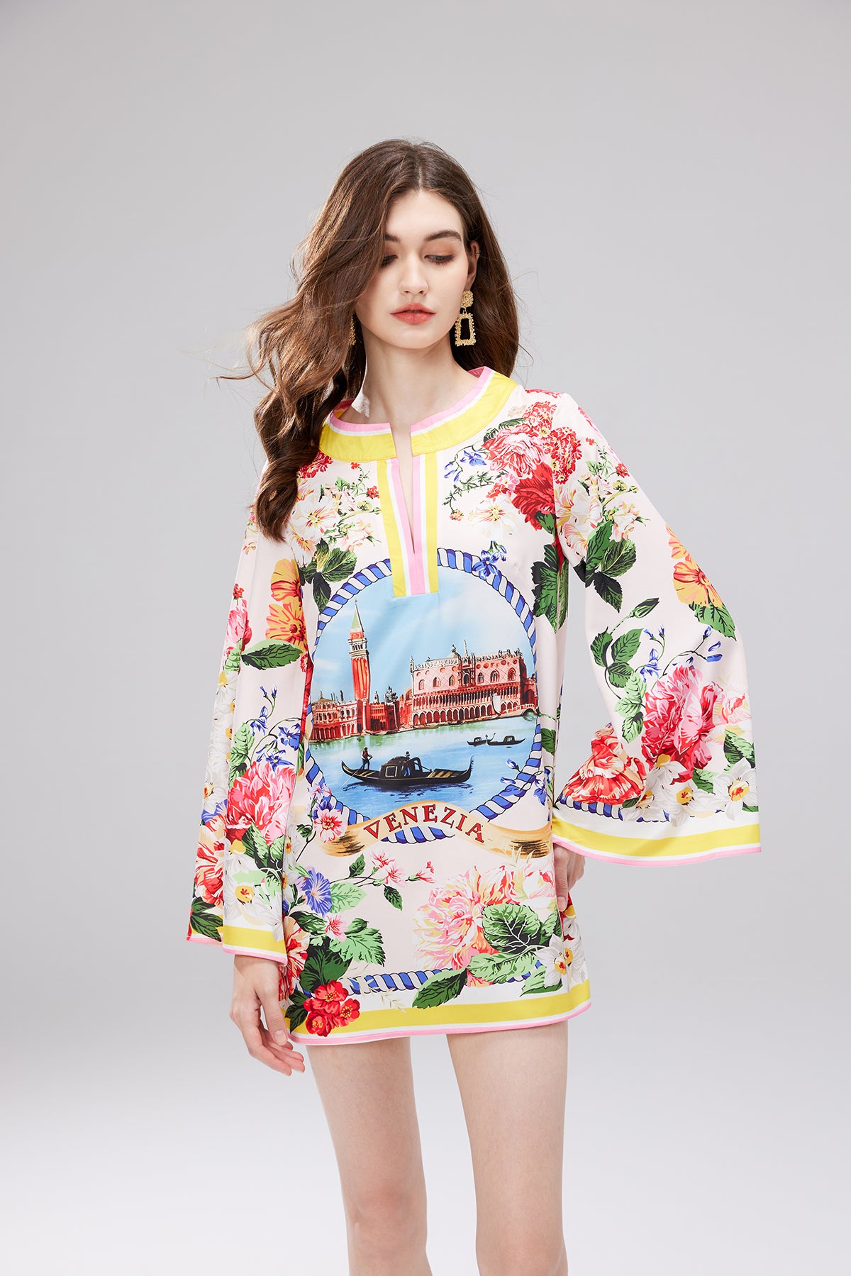 Women's 's Printed V-Neck Long-Sleeve Dress