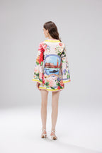 Women's 's Printed V-Neck Long-Sleeve Dress