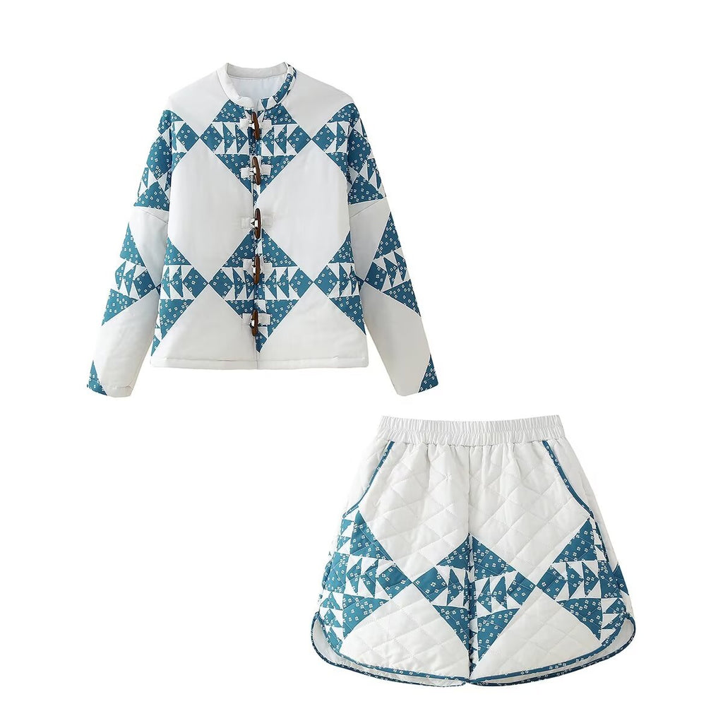 Retro Printed Loose Stand Collar Long-Sleeve Cotton Coat Jacket High-Waisted Shorts Set