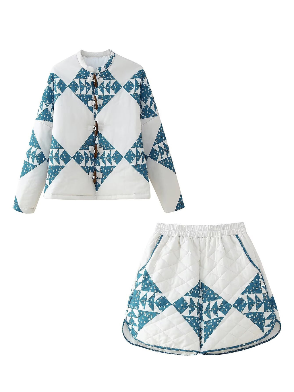 Retro Printed Loose Stand Collar Long-Sleeve Cotton Coat Jacket High-Waisted Shorts Set