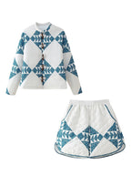 Retro Printed Loose Stand Collar Long-Sleeve Cotton Coat Jacket High-Waisted Shorts Set