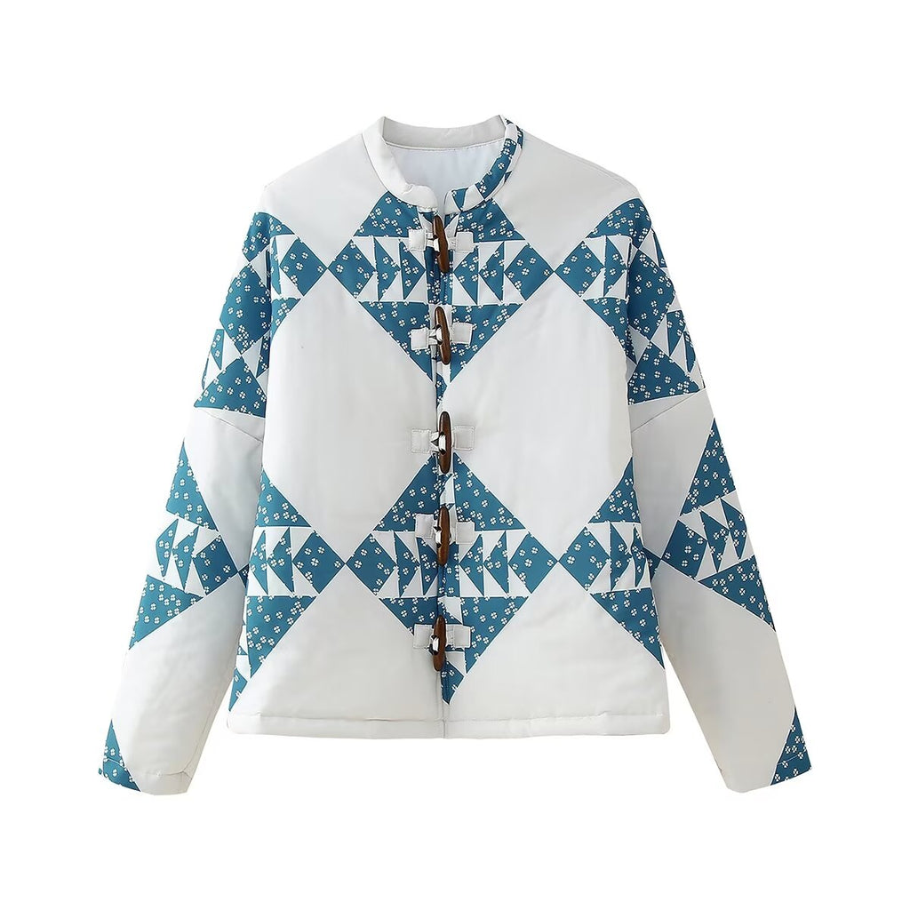 Retro Printed Loose Stand Collar Long-Sleeve Cotton Coat Jacket High-Waisted Shorts Set