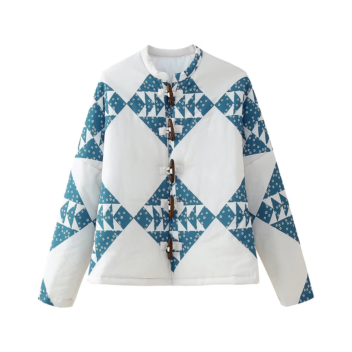 Retro Printed Loose Stand Collar Long-Sleeve Cotton Coat Jacket High-Waisted Shorts Set
