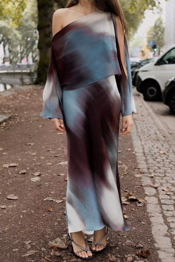 Women's Autumn Socialite Laminated Decoration Printed Silk-Satin
