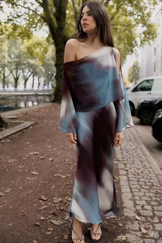 Women's Autumn Socialite Laminated Decoration Printed Silk-Satin
