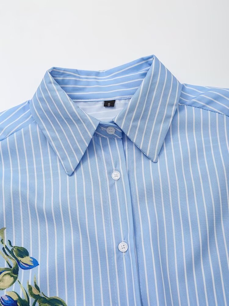 Women's Floral Print Striped Long Sleeve Shirt