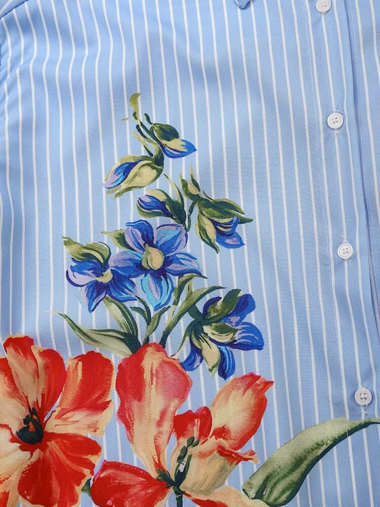 Women's Floral Print Striped Long Sleeve Shirt