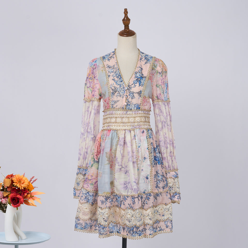 Spring Lace V-Neck Long-Sleeve Short Dress