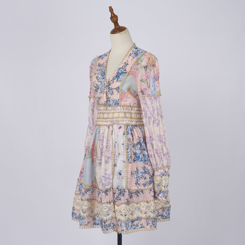 Spring Lace V-Neck Long-Sleeve Short Dress