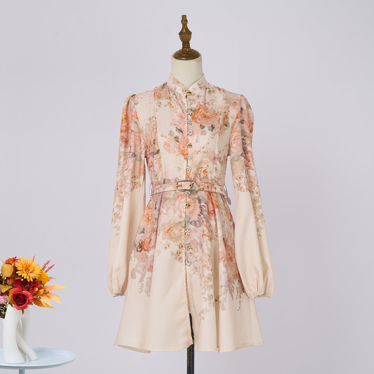 Women's Belted Floral Collared Mini Dress