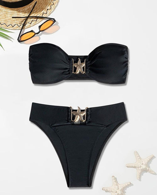 Black bandeau bikini set with ruched cups, starfish front clasp, and high-rise briefs