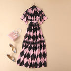 Spring Summer Pink Printed Lace Patchwork Lace Up Small Dress
