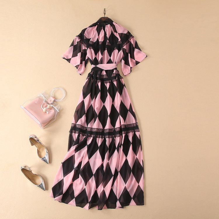 Spring Summer Pink Printed Lace Patchwork Lace Up Small Dress