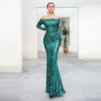 Women's Cocktail Evening Off-Shoulder Long Sleeve Retro Sequined Dress