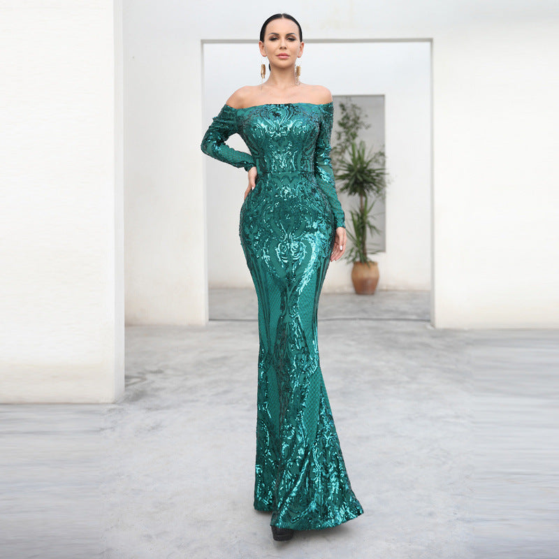Women's Cocktail Evening Off-Shoulder Long Sleeve Retro Sequined Dress