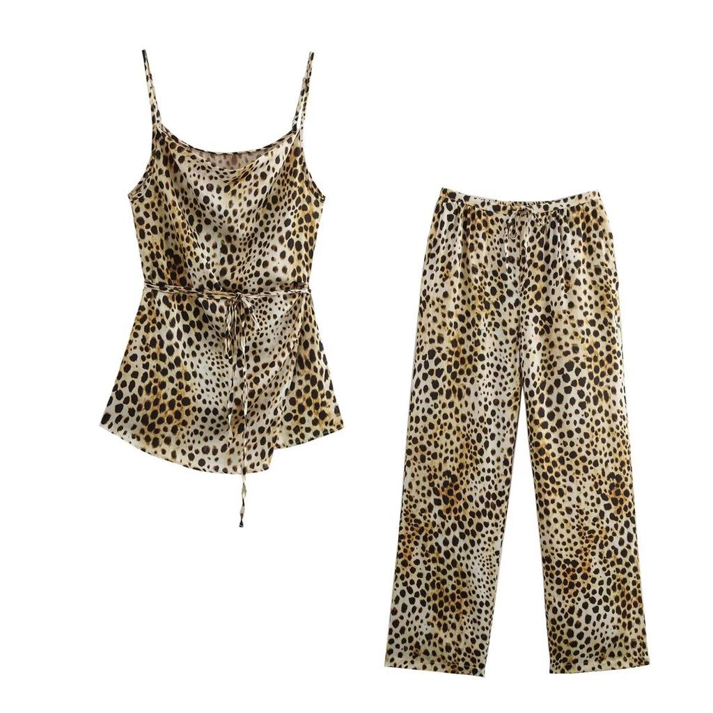 Summer Animal Pattern Printed Top Silk Satin Textured Pants Set